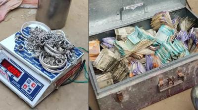  Police found 13 lakh rupees in cash and 4 kg of silver after searching for treasure and drugs in the slum.