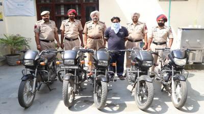 ਪੁਲਿਸ ਵਲੋਂ ਫੜੇ ਗਏ ਮੁਲਜ਼ਮ ਤੇ ਬਰਾਮਦ ਮੋਟਰਸਾਈਕਲਾਂ ਦੀ ਤਸਵੀਰ  