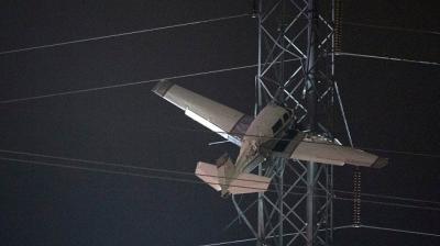 Plane caught in power lines after crashing in Maryland, see video