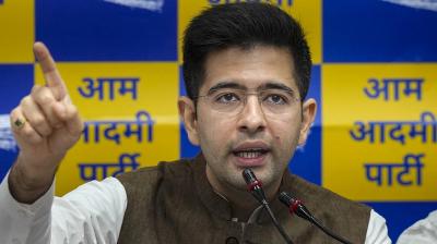 AAP Rajya Sabha MP Raghav Chadha arrives at Arvind Kejriwal's residence