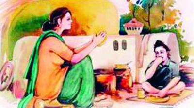 Mother giving Food to his Son