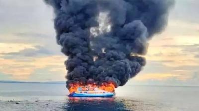 A ship caught fire in the Philippines