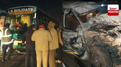 A collision between a bus and a car near Brahmapur village of Nangal, 1 woman and a youth died