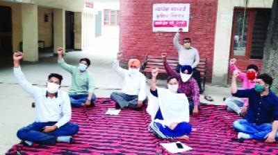 ਡੇਰਾਬੱਸੀ ਬੀ.ਡੀ.ਪੀ.ਓ. ਦਫ਼ਤਰ 'ਚ ਰੋਸ ਪ੍ਰਦਰਸ਼ਨ ਕਰਦੇ ਹੋਏ ਨਰੇਗਾ ਮੁਲਾਜ਼ਮ।