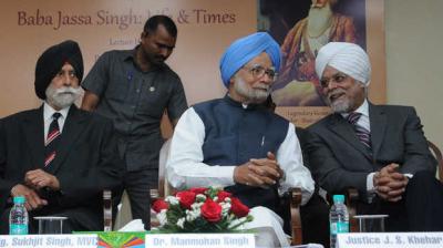 (From left) Brig Sukhjit Singh, scion of the Kapurthala royal family, former PM Dr Manmohan Singh and former Chief Justice JS Khehar at a function in Delhi on Friday