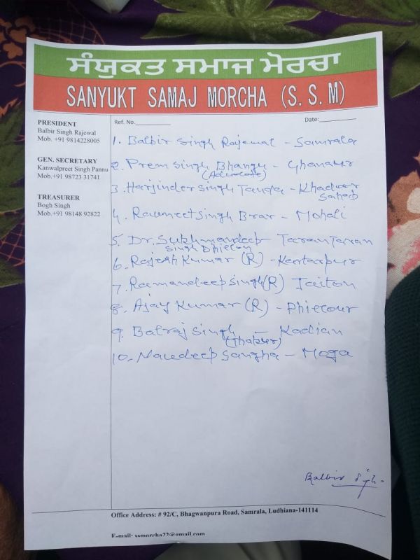 Sanyukt Samaj Morcha releases first list of 10 candidates