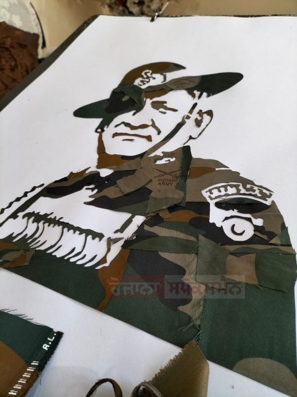  Picture of CDS Bipin Rawat made by little boy with pieces of army uniform
