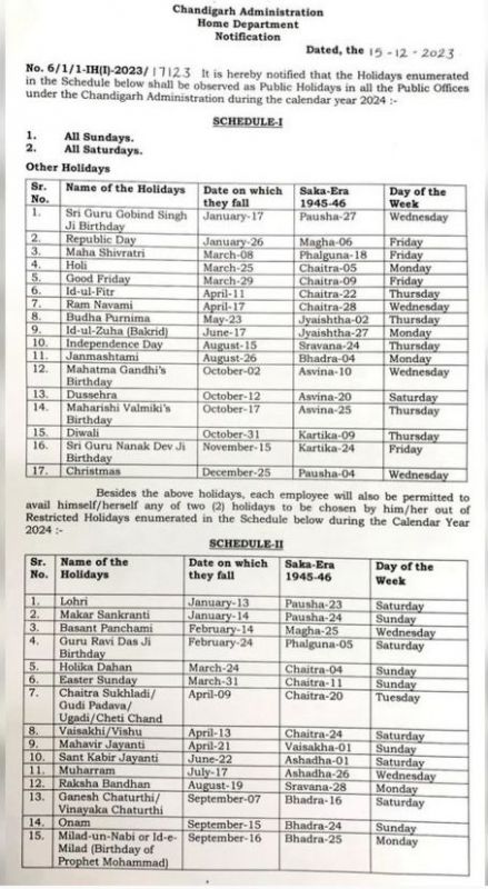 Chandigarh Gazetted Holiday List 2024 