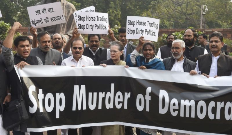 Congress holds protest in Parliament premises against BJP