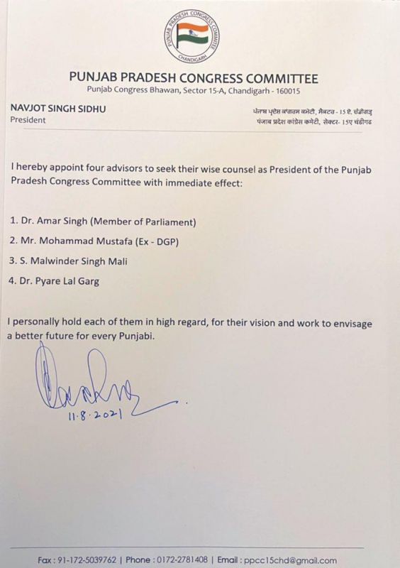 Navjot Sidhu Appoints 4 Advisors