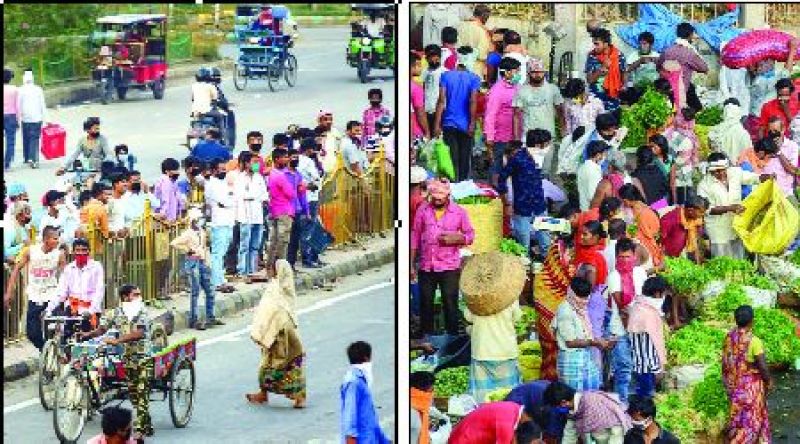 ਪਟਨਾ (ਖੱਬੇ) ਅਤੇ ਗਾਜ਼ੀਆਬਾਦ (ਸੱਜੇ) ਦੀਆਂ ਸਬਜ਼ੀ ਮੰਡੀਆਂ ਵਿਖੇ ਇਕੱਠੇ ਹੋਣ ’ਤੇ ਪਾਬੰਦੀਆਂ ਦੇ ਬਾਵਜੂਦ ਜਮ੍ਹਾਂ ਭੀੜ। 	ਪੀਟੀਆਈ