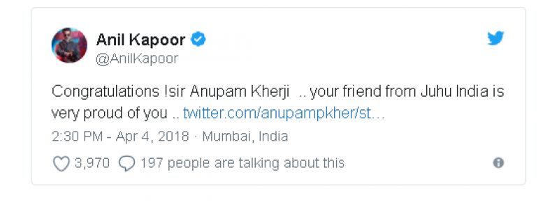 Anil Kapoor's tweet for Anupam Kher