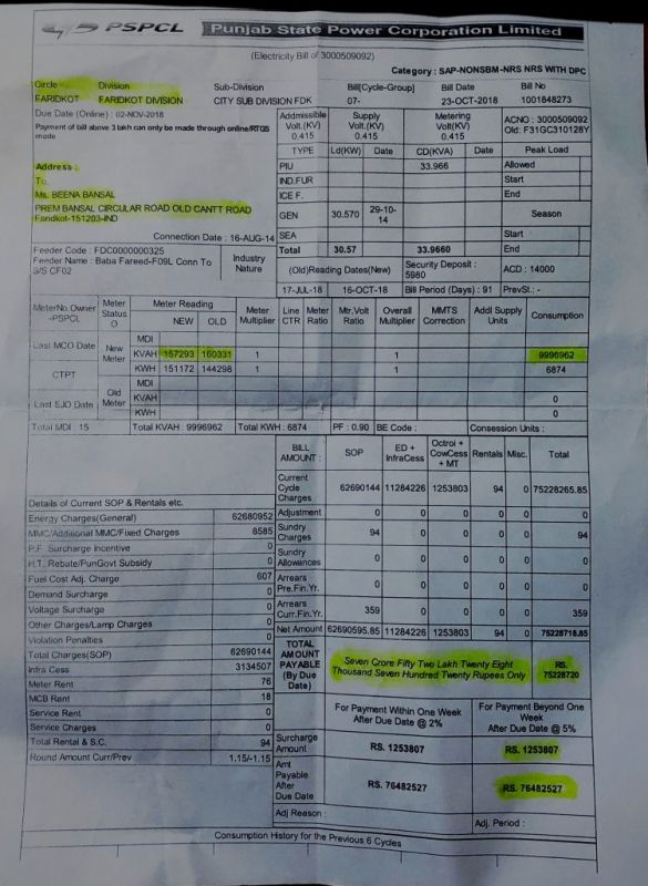ਬਿਜਲੀ ਵਿਭਾਗ ਵੱਲੋਂ ਭੇਜਿਆ ਗਿਆ ਬਿੱਲ