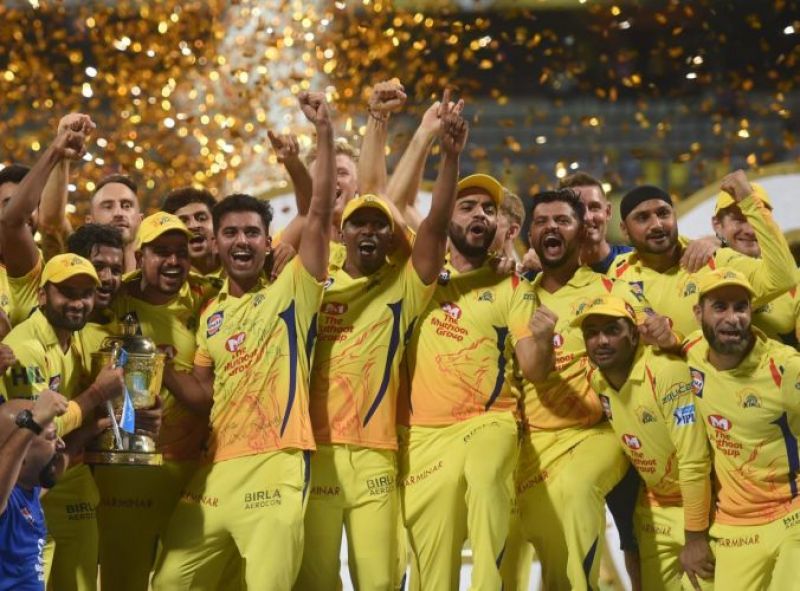 Chennai Super Kings players celebrate with the IPL 2018