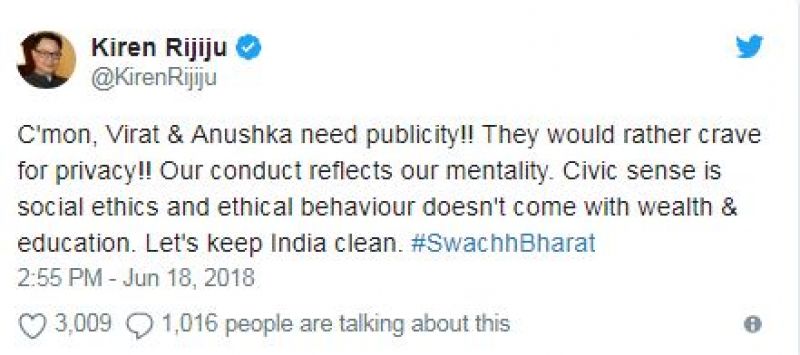 Minister Kiren Rijiju backs Anushka Sharma & Virat Kohli