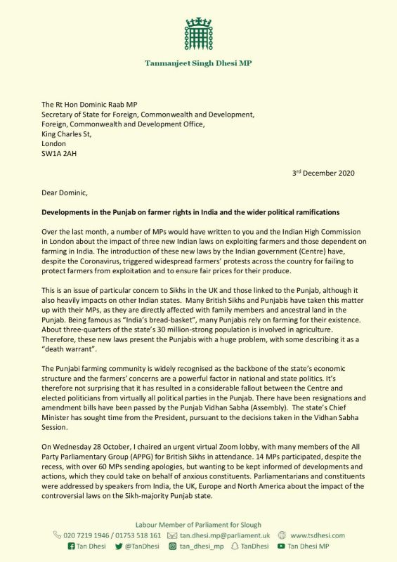 36 British MPs send letter to UK foreign secretary over farmer protests in India