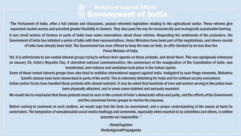External Affairs Ministry reacts to 'foreign comments' on farmers' protest
