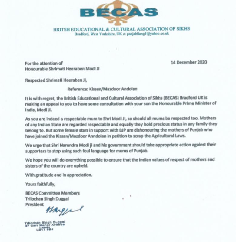 Britain’s Sikh appeal to Modi’s mother- Tell your son, don’t let the mother of farmer agitators be discredited