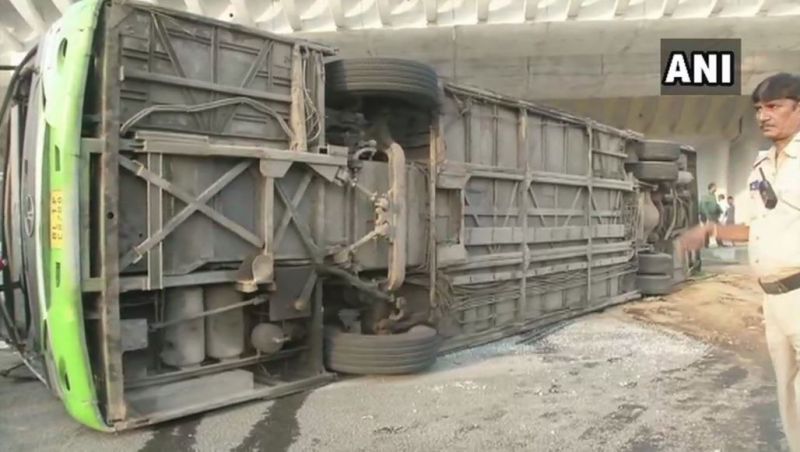 DTC bus collides with truck, 10 injured