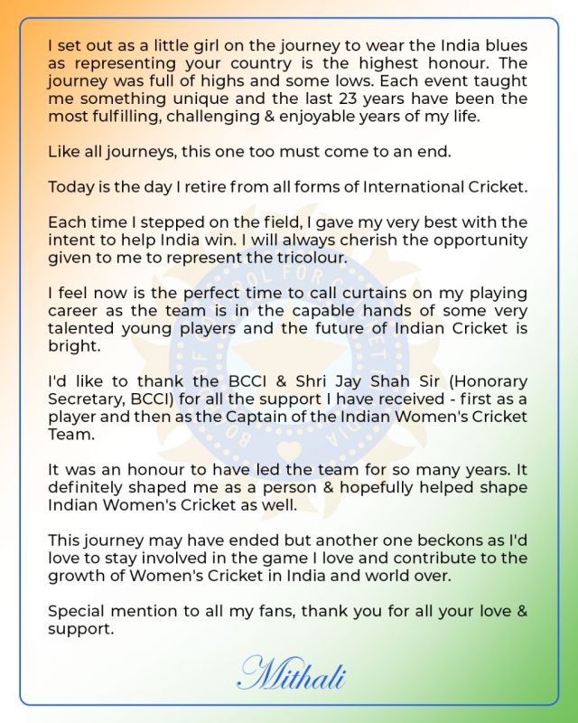 Mithali Raj Announces Retirement From All Forms Of International Cricket
