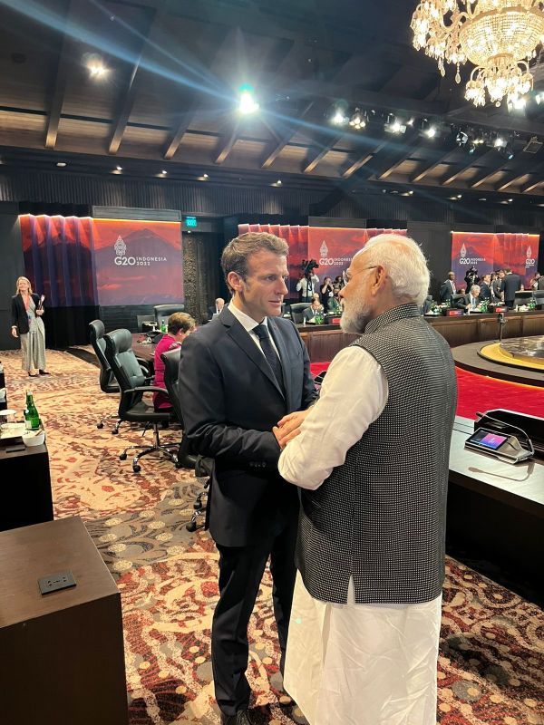 PM Modi interacts with French President Emmanuel Macron