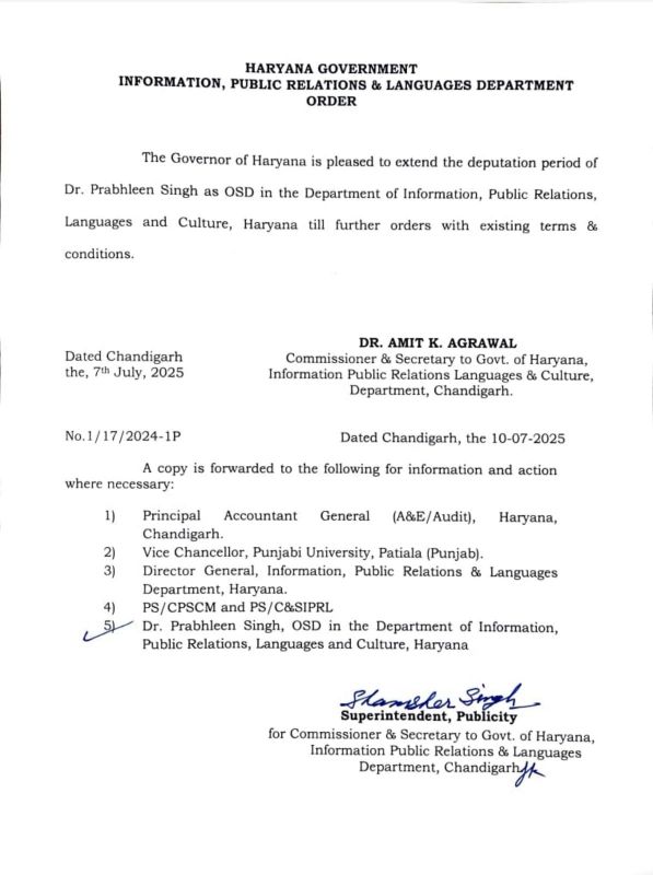 Extension of deputation period of Dr. Prabhleen Singh Haryana News
