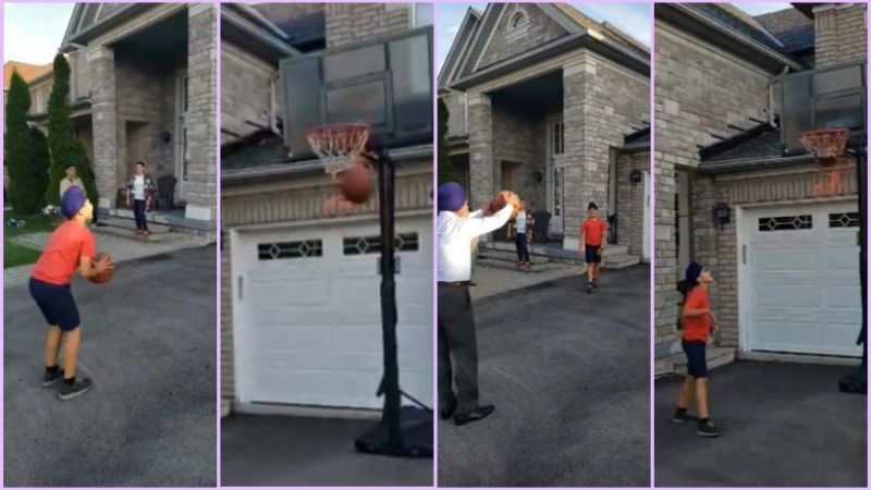 10 year old child and his grandfather playing basketball, video viral