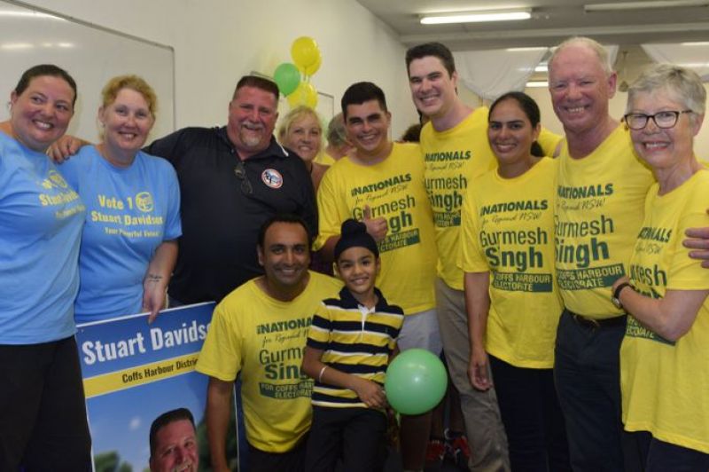 Nationals candidate Gurmesh Singh with retiring Member for Coffs Harbour Andrew Fraser on election night.