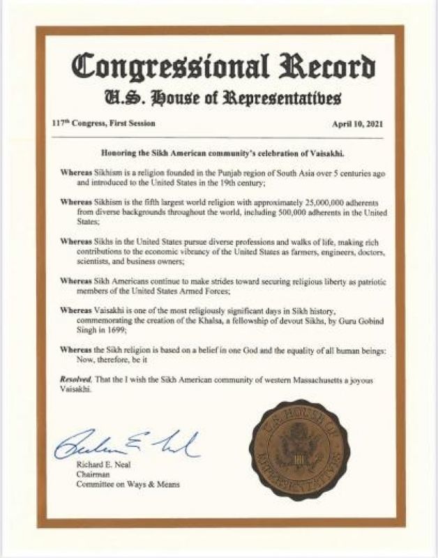 Khalsa Sajna Diwas recorded in the Congressional Record