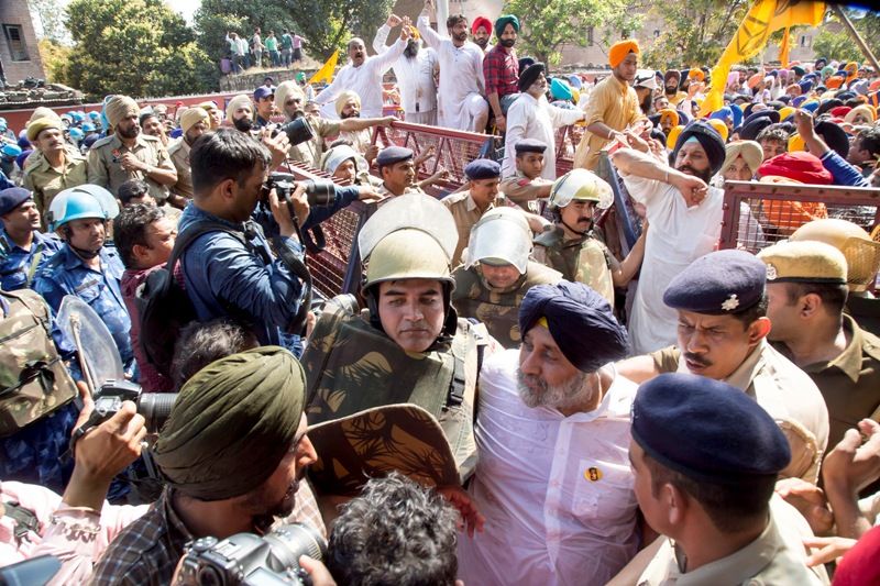 Shiromani Akali Dal members stage a protest rally demanding justice for the families of those killed in the 1984 anti-Sikh riots