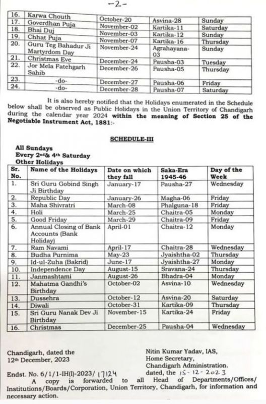 Chandigarh Gazetted Holiday List 2024 