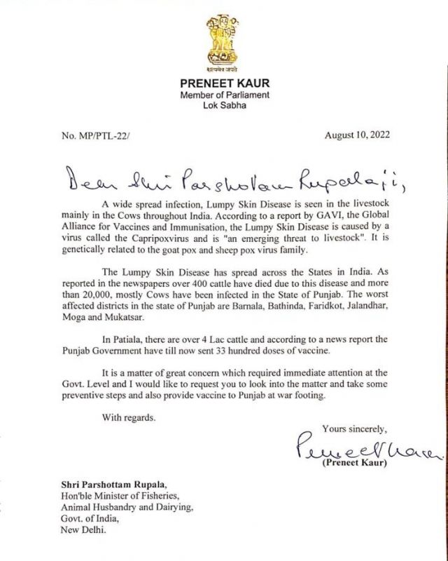 Preneet Kaur writes to Union Minister of Dairy