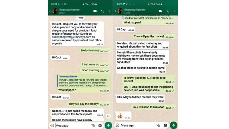 WhatsApp chats between a former Jet staffer and pilot
