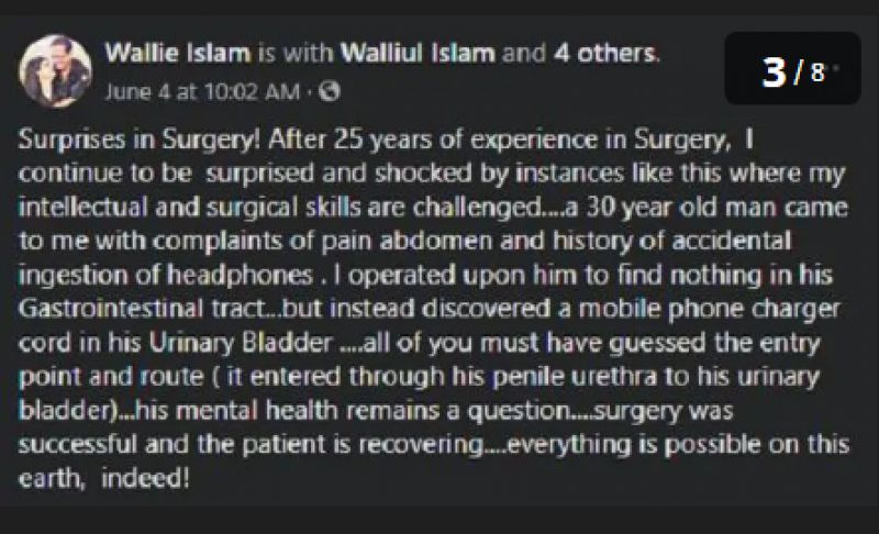 Mobile phone charger removed from bladder