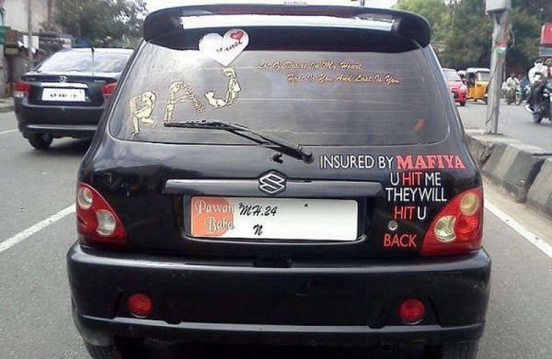 Traffic fines for car stickers, religious, caste, profession, political party display