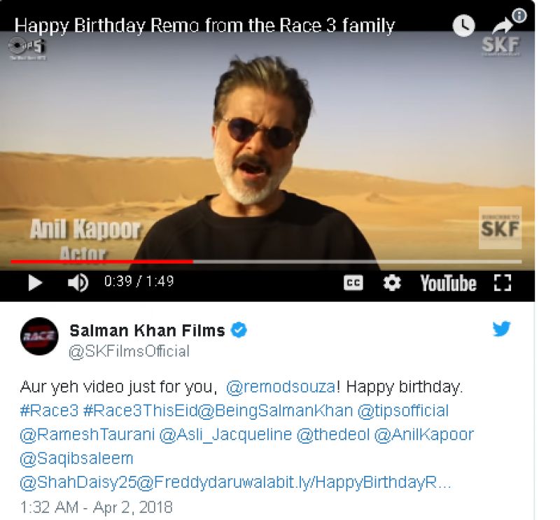 'Race 3' team wishes Remo D'Souza 