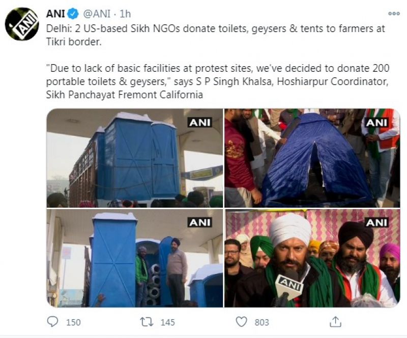 Delhi: 2 US-based Sikh NGOs donate toilets, geysers & tents to farmers at Tikri border.