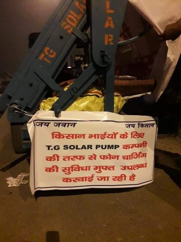 T.G. Solar Pump provide free charging service at farmer protest 