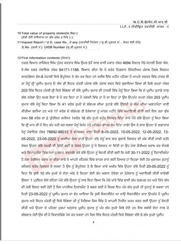 Copy of FIR filed against Dr. Vijay Singla and his OSD Pradeep Kumar