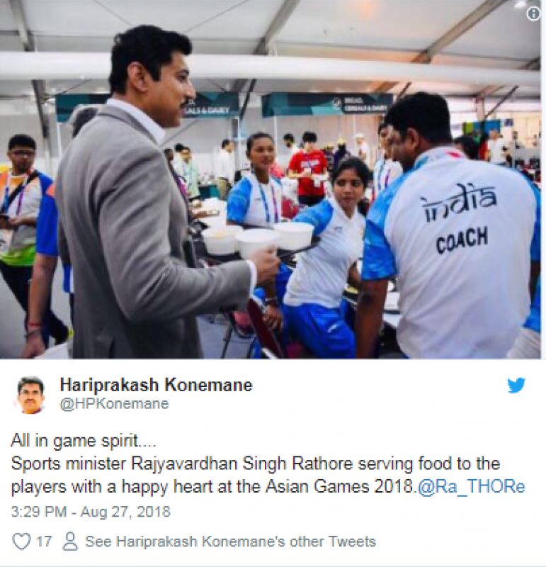 Rajyavardhan Singh Rathore Serves food to Indian Players