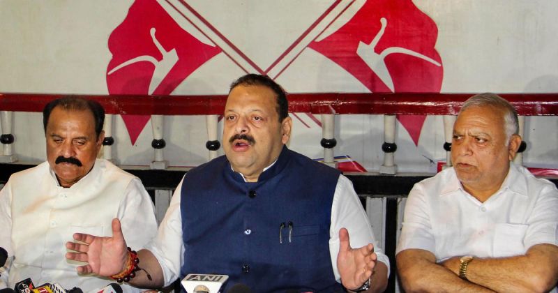 National Conference Provincial President Devender Singh Rana along with party leaders addresses a press conference