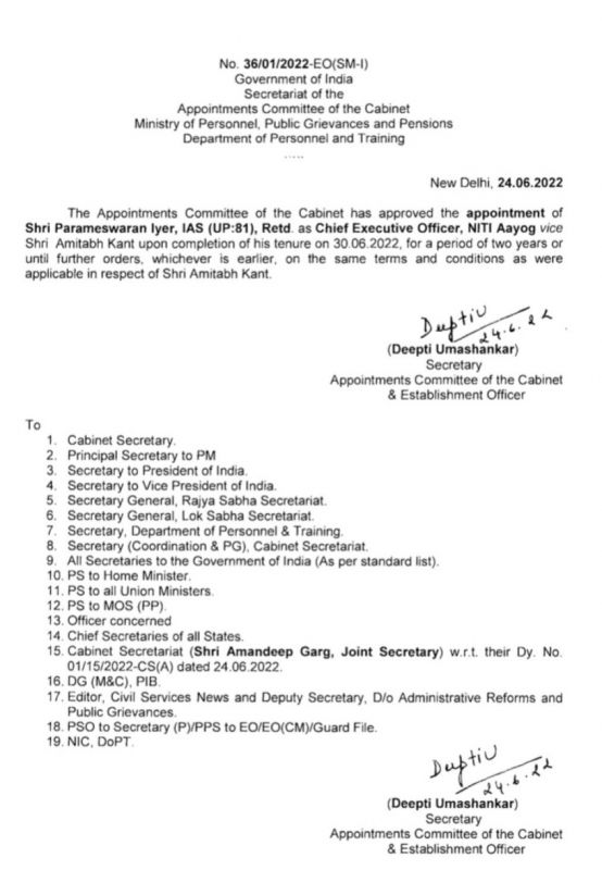 Parameswaran Iyer to take over as Niti Aayog CEO