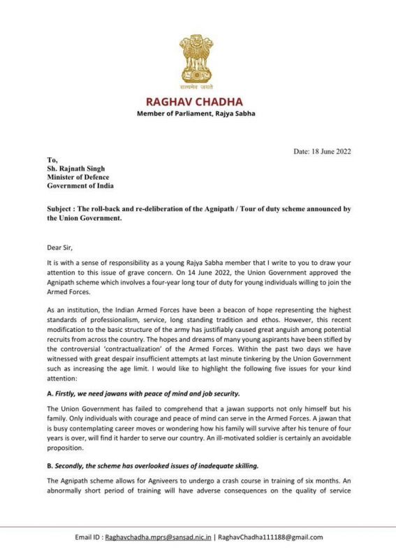 Raghav Chadda letter 
