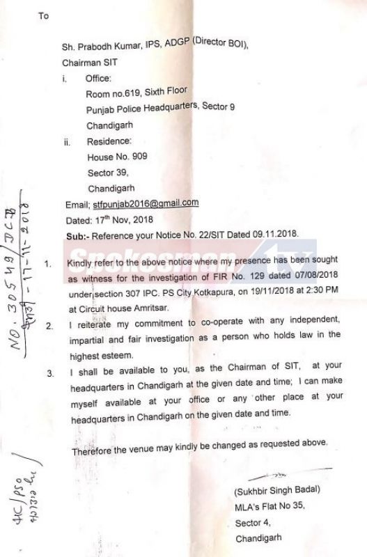 Letter by Sukhbir Singh Badal