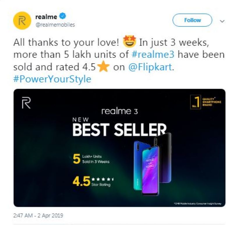 Realme 3 tweet