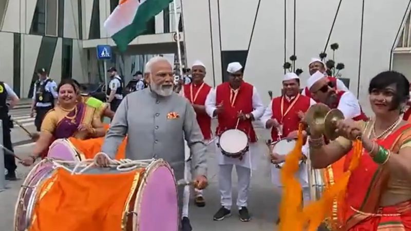 PM Modi tries his hand on a drum in denmark