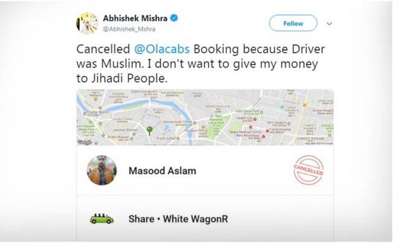 Cancelled Ola cab as driver a Muslim