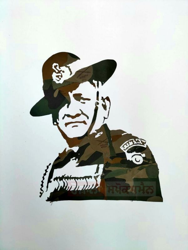  Picture of CDS Bipin Rawat made by little boy with pieces of army uniform