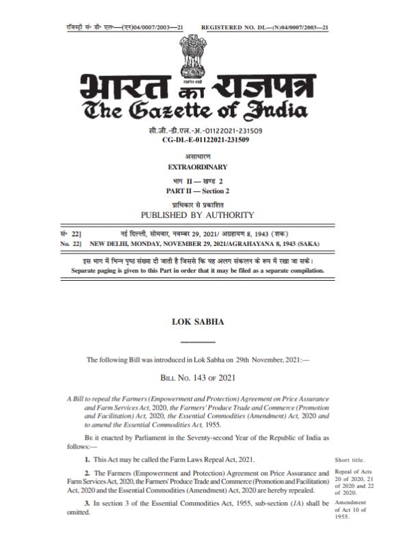 President signs off on Farm Laws Repeal Bill